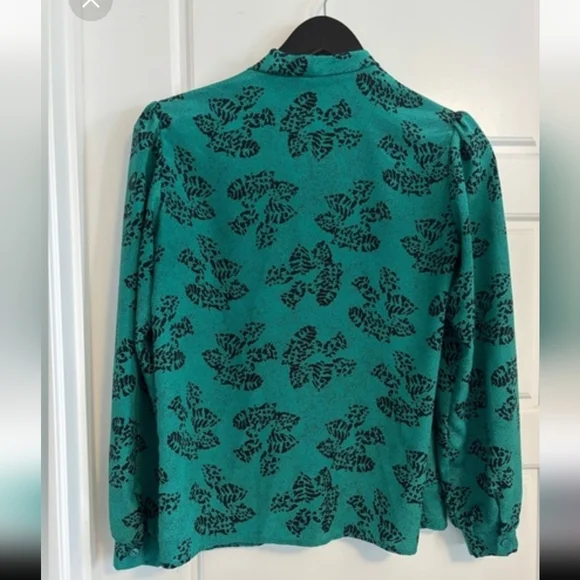 Vintage Blouse Tie Neck Secretary Pussybow Leopard Emerald Green Puff Sleeve S M - Picture 7 of 7